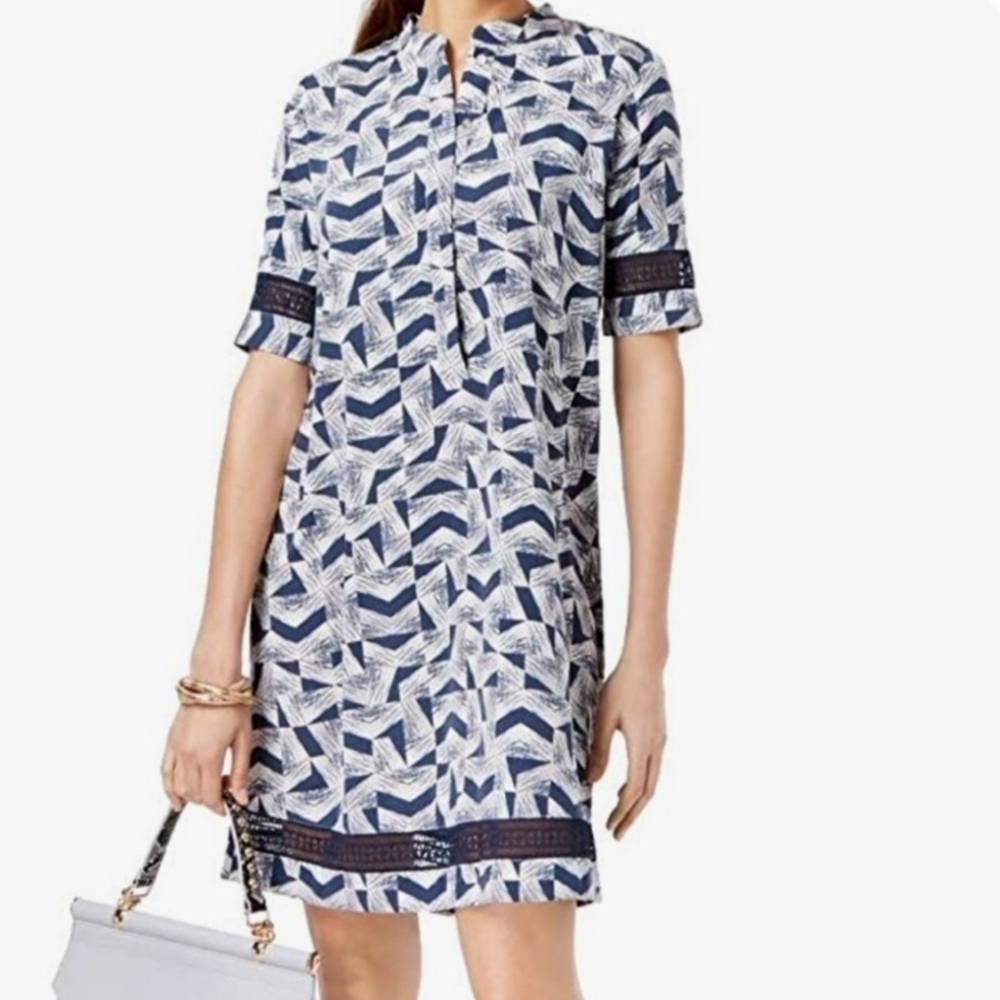 Alfani Button Down Pullover Crochet Trim Geometric Print Shirt Dress - Size 4P